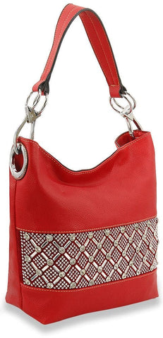 Rhinestone Bling Design Hobo Handbag - Dark Red