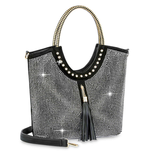 Decorative Rhinestone and Tassel Tote - Black