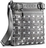 The Rhinestone Design Crossbody Sling features a silver geometric woven pattern with shiny rhinestones, a jeweled zipper pull on the front pocket, metal buckles, and a long adjustable strap for versatile wear.