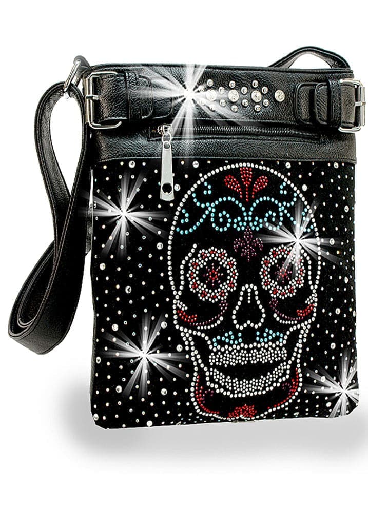 Sugar Skull Rhinestone Crossbody Sling - Black