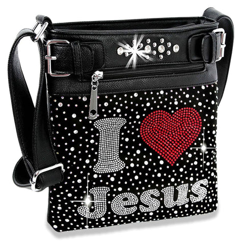 Jesus Love Design Rhinestone Bling Crossbody Sling - Black