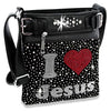 Jesus Love Design Rhinestone Bling Crossbody Sling - Black