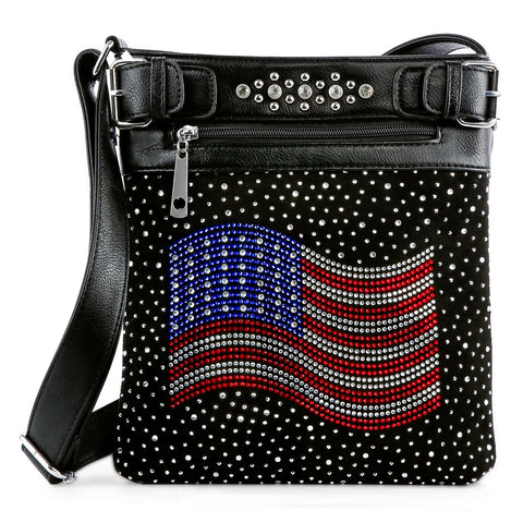 Rhinestone American Flag Crossbody Sling - Black