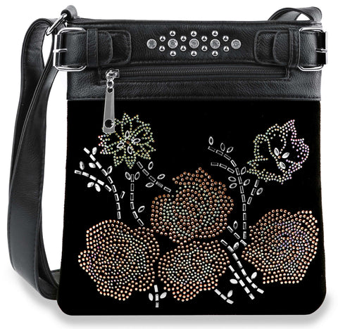 Floral Design Rhinestone Crosbody Sling - Black