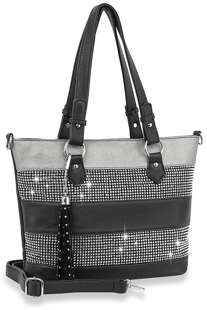 Bling Accent Banded Tote Handbag - Pewter