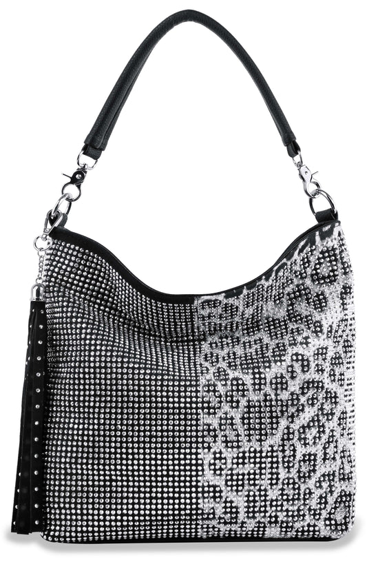 Two Tone Leopard Hobo Handbag - Black