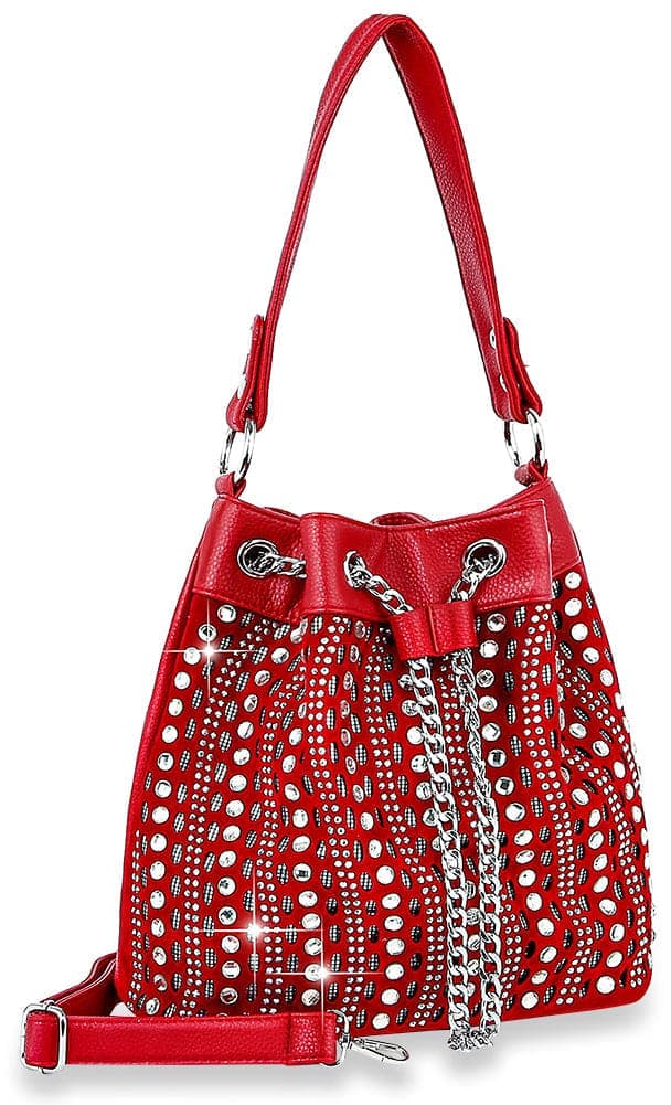 Rhinestone Bling Drawstring Hobo - Red