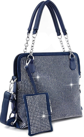 Rhinestone Covered Accessorized Shoulder Bag - Navy