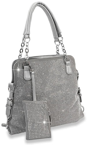 Rhinestone Covered Accessorized Shoulder Bag - Pewter