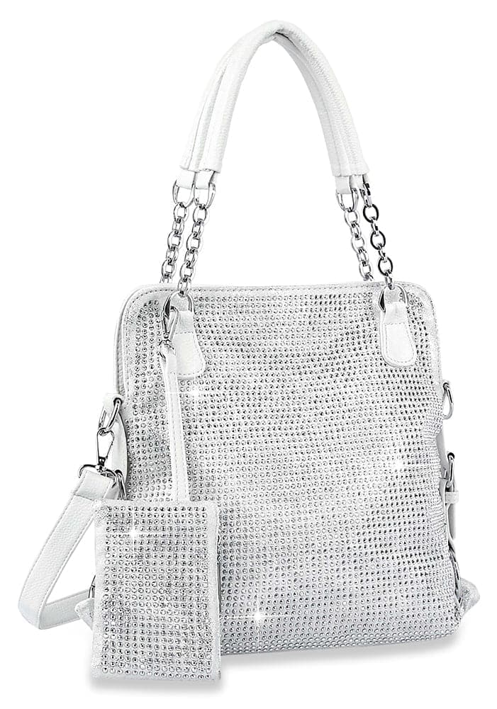 Rhinestone Covered Accessorized Shoulder Bag - White