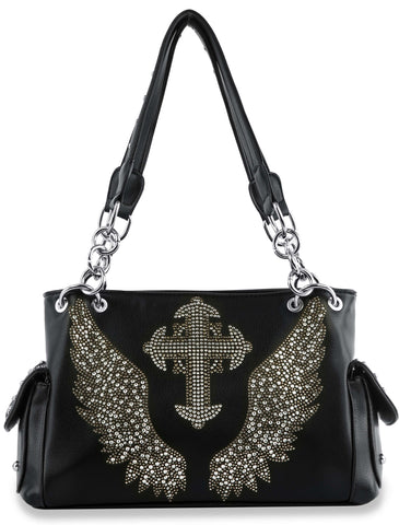 Wing Design Rhinestone Handbag - Black