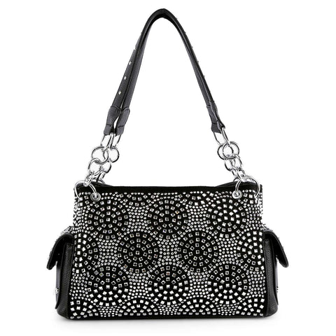 Circle Pattern Rhinestone Fashion Handbag - Black