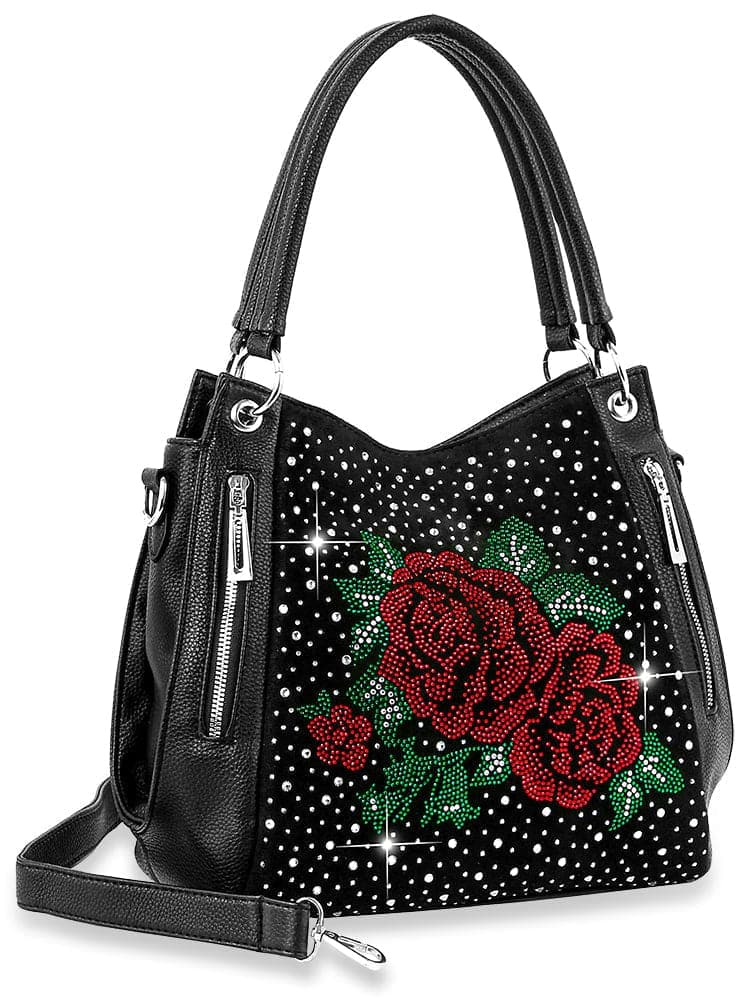 Front Pocket Rhinestone Rose Handbag - Black