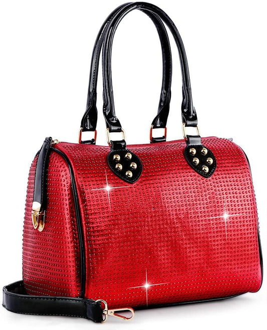 Rhinestone Covered Locked Satchel Handbag - Black-Red