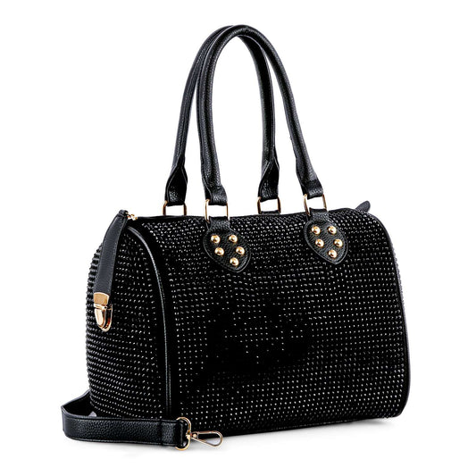 Rhinestone Covered Locked Satchel Handbag - Black