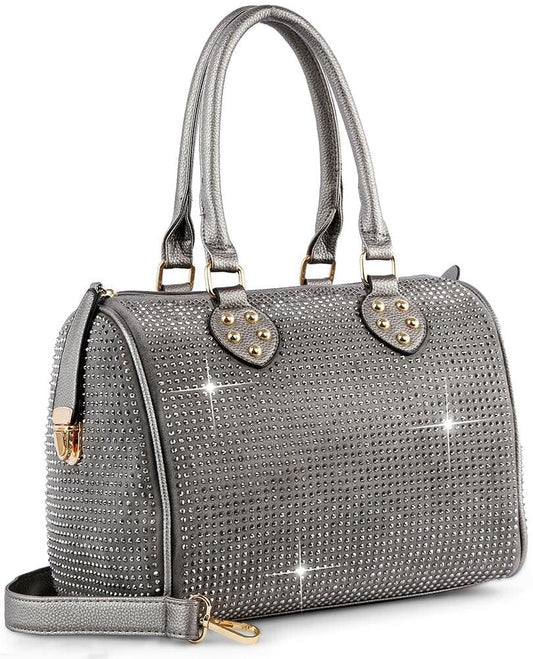 Rhinestone Covered Locked Satchel Handbag  - Pewter