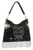 Sugar Skull Beaded Fringe Hobo Handbag - Black