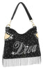 Rhinestone And Beaded Fringe Diva Hobo Handbag - Black