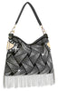 Rhinestone And Beaded Fringe Hobo Handbag - Black