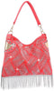 Rhinestone And Beaded Fringe Hobo Handbag - Coral