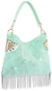 Rhinestone And Beaded Fringe Hobo Handbag - Mint