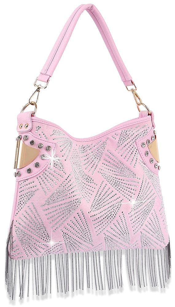 Rhinestone And Beaded Fringe Hobo Handbag - Pink