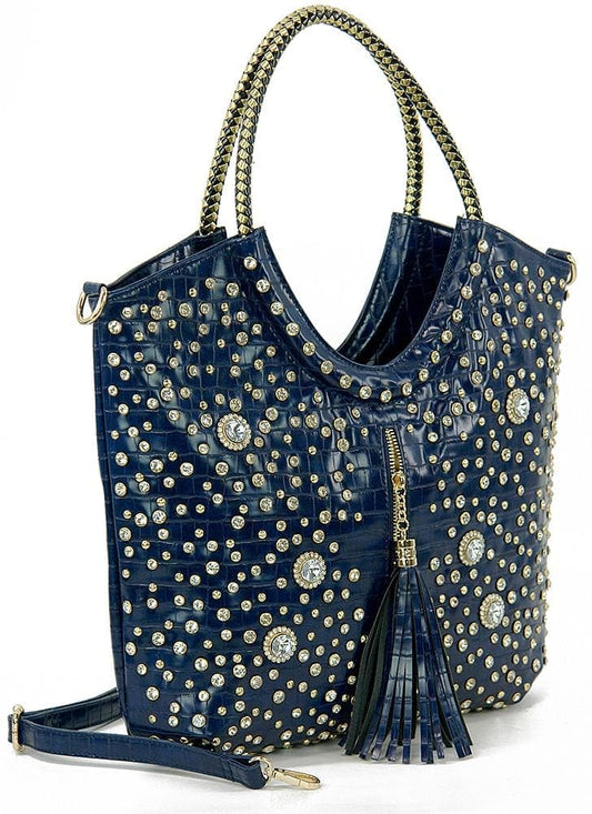 Tall Embossed Tasseled Bling Tote - Navy