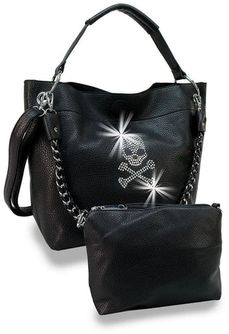 Skull Design Rhinestone Handbag Set - Black