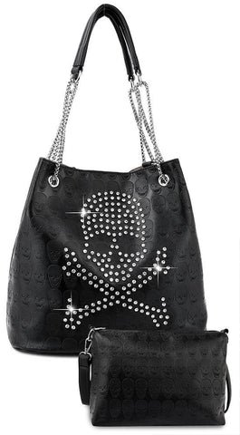 Skull Design Rhinestone Handbag Set - Black