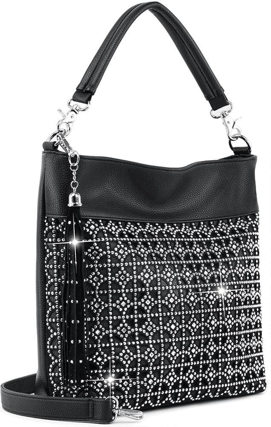 Hobo Handbag with Rhinestone Design - Black