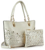 The Rhinestone Accent Accessorized Handbag Set includes a chic cream faux leather tote with gold hardware and detachable strap, plus a matching pouch adorned with intricate laser-cut floral patterns.