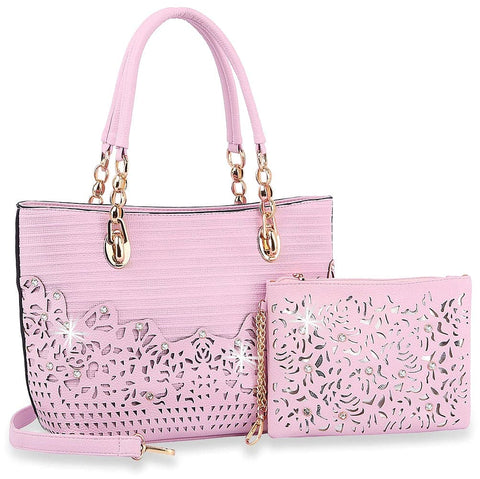 Layered Rhinestone Accented Tote Handbag Set - Pink