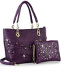 The Rhinestone Accent Accessorized Handbag Set includes a stylish purple faux leather tote with gold hardware, floral laser cutouts, rhinestone accents, and a matching detachable strap, plus a coordinating pouch in front.