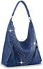 Rhinestone Accented Hobo Handbag - Navy