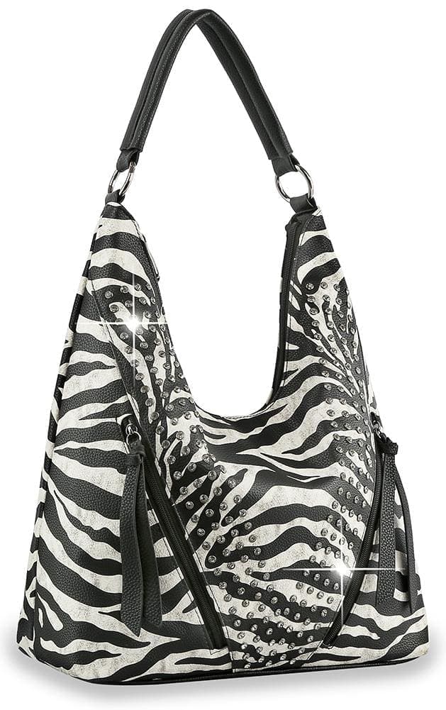 Rhinestone Accented Zebra Hobo Handbag - Zebra