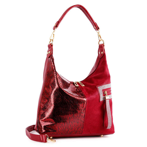 Multiple Textured Hobo Handbag  - Dark Red