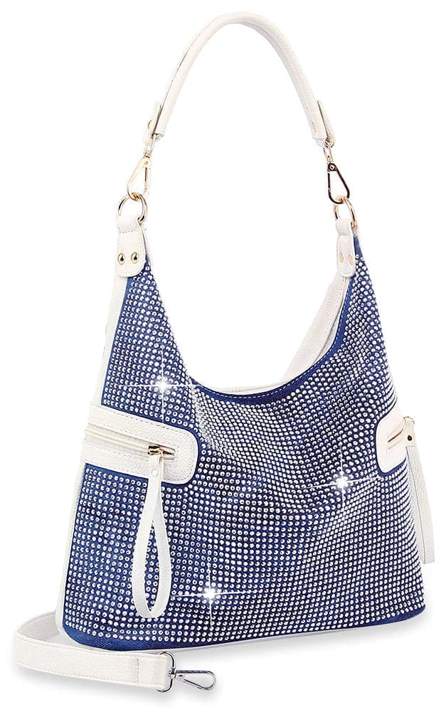 Side Pocket Rhinestone Hobo Handbag - Blue White