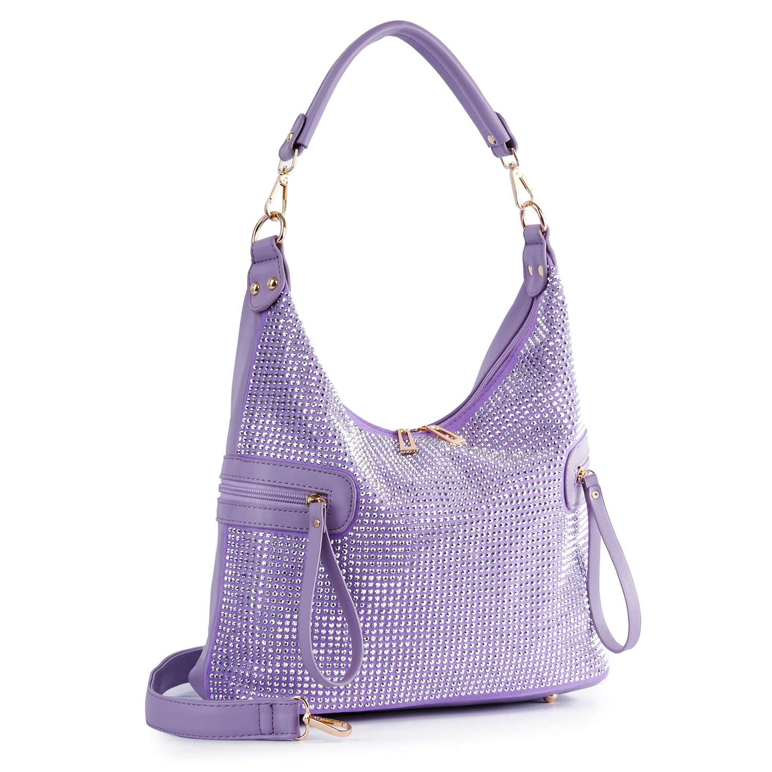 Side Pocket Rhinestone Hobo Handbag - Lavender