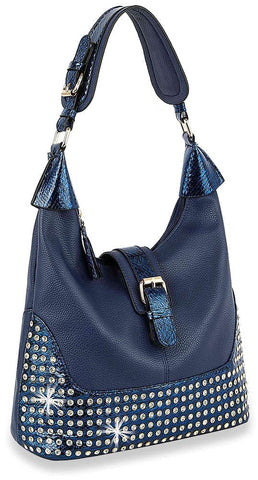 Decorative Rhinestone Hobo Handbag - Navy