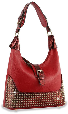 Decorative Rhinestone Hobo Handbag - Red