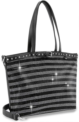 Belted Rhinestone Stripe Tote Handbag - Black