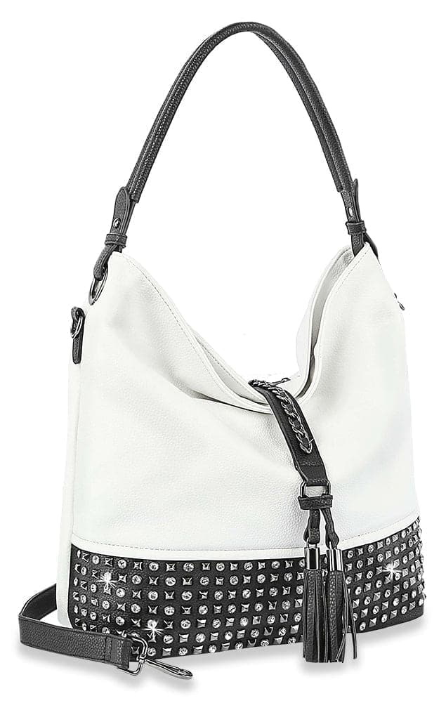 Studded Large Hobo Handbag - Black-White