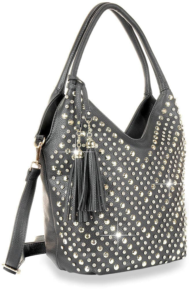 Studded Chevron Pattern Fashion Handbag - Black