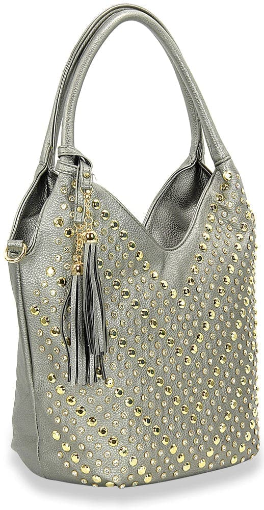 Studded Chevron Pattern Fashion Handbag - Pewter