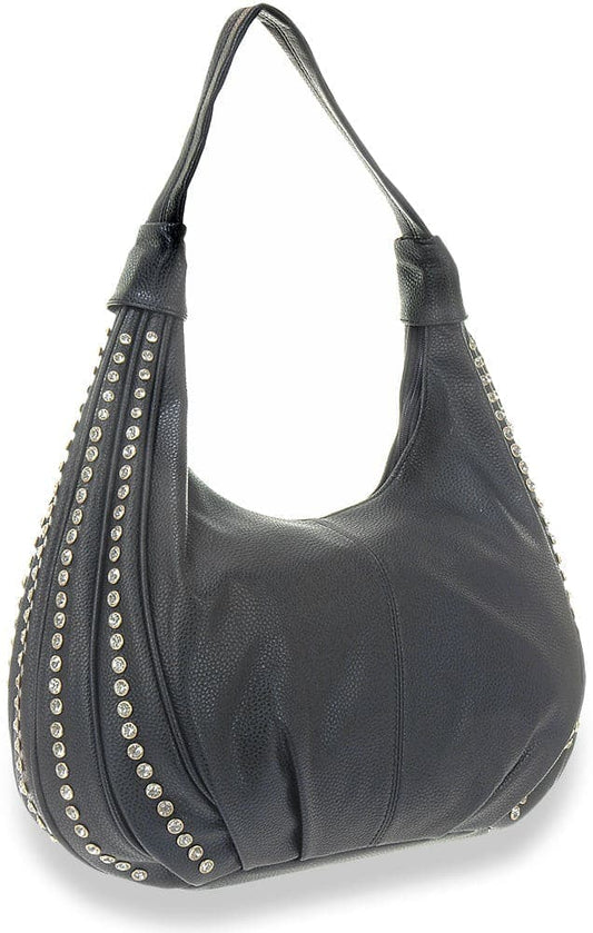 Rhinestone Accented Hobo Handbag - Black