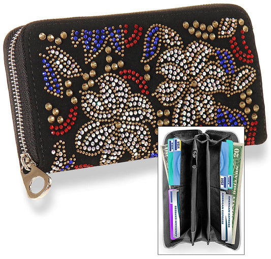 Colorful Rhinestone Patterned Accordion Wallet - Black