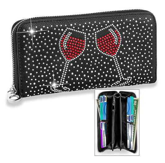 Rhinestone Wine Glasses Bling Wallet - Black