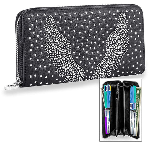 Rhinestone Wing Design Accordion Wallet - Black