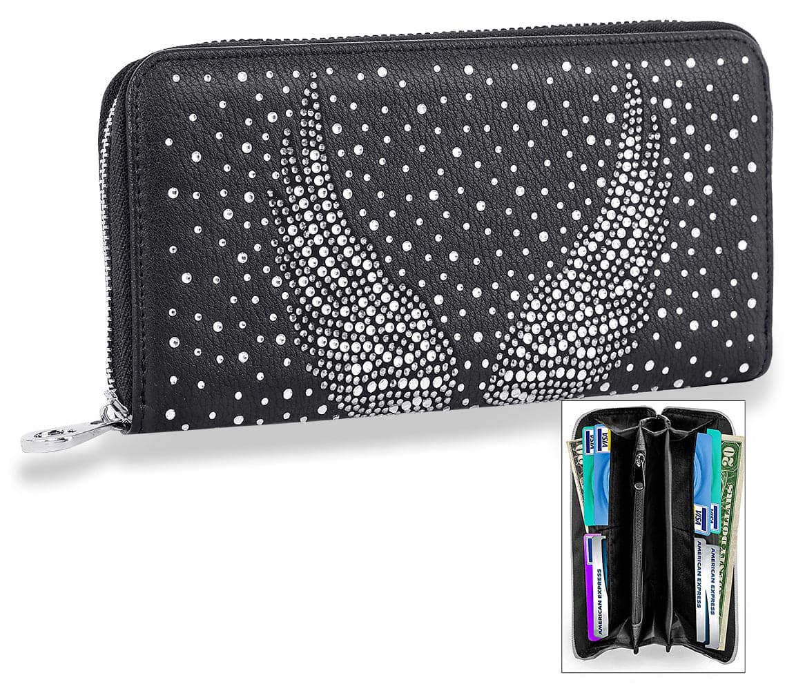 Rhinestone Wing Design Accordion Wallet - Black