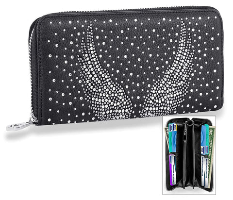 Rhinestone Wing Design Accordion Wallet - Black